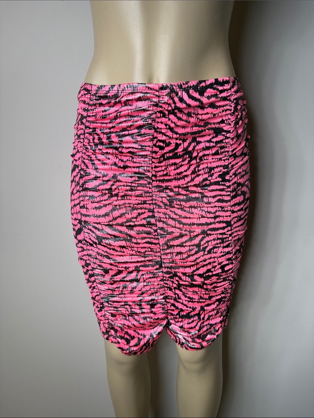 Sabora Neon Pink and Black Zebra-Print Ruched Pencil Skirt